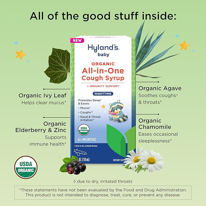 Hyland's Baby Organic All in One Nighttime Cough Syrup + Immune Support with Elderberry, Vitamin C, Zinc & Chamomile, 4 Fl Oz