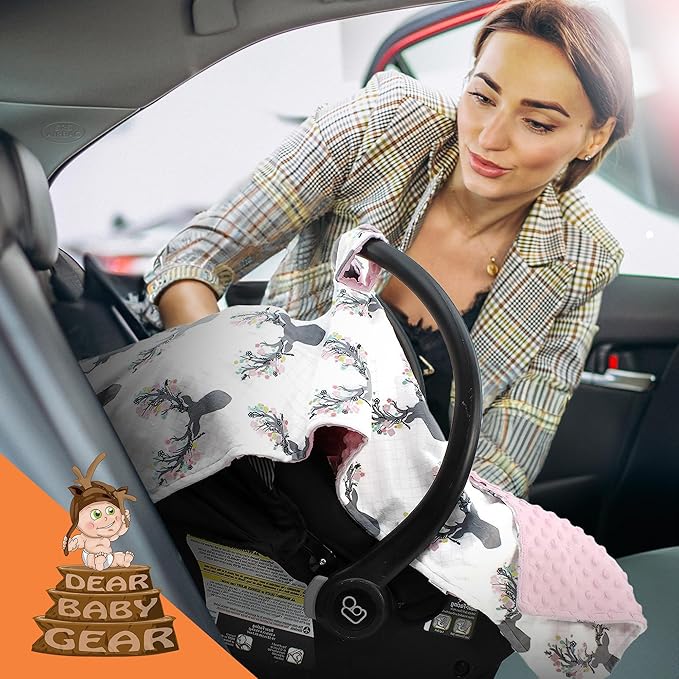 Dear Baby Gear - 40x30 Car Seat Canopy, Infant Carrier Cover for Boys & Girls, Cozy Fall, Nursing & Stroller Use, Newborn Travel Sunshade Accessory, Antler & Flower, Pink Dot