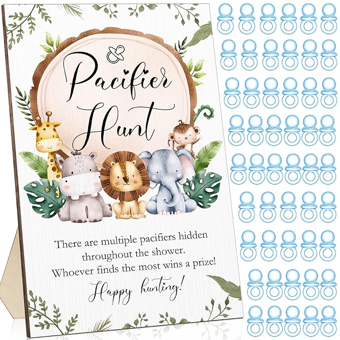 Roowest 51 Pcs Pacifier Hunt Baby Shower Games Include Wooden Hunt Sign and 50 Acrylic Mini Plastic Pacifiers for Baby Shower Game Decoration Gift Sets Gender Reveal Party Supplies