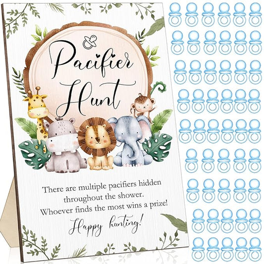 Roowest 51 Pcs Pacifier Hunt Baby Shower Games Include Wooden Hunt Sign and 50 Acrylic Mini Plastic Pacifiers for Baby Shower Game Decoration Gift Sets Gender Reveal Party Supplies