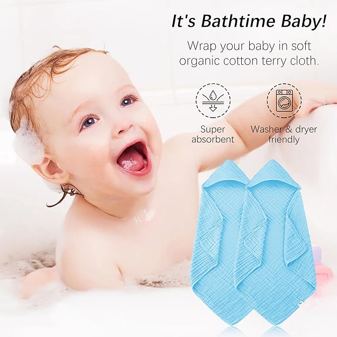 SWEET DOLPHIN Muslin Hooded Baby Bath Towels - 2 Pack 100% Cotton Towel for Babies, Infants, Toddlers - 32x32Inch - Highly Absorbent and Newborn Essential, Blue