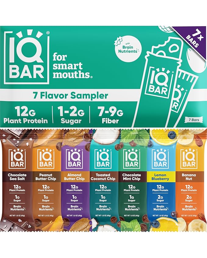 IQBAR Brain and Body Clean Plant Protein Bars - Sampler - 7 Bars - Keto, Vegan, High Fiber, Gluten and Dairy Free, Low Sugar Snack with Nutrients for Focus, Energy, Meal Replacement