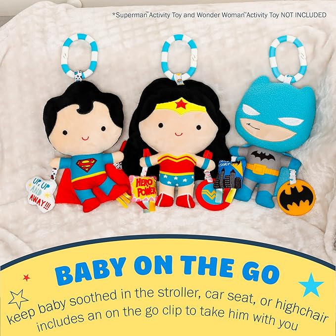 Kids Preferred DC Comics The Batman Multi Sensory Activity Toy with Teethers, Crinkle Textures, and Clip for On The Go Fun for Infant and Baby Boys and Girls, Medium