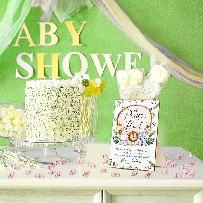 Roowest 51 Pcs Pacifier Hunt Baby Shower Games Include Wooden Hunt Sign and 50 Acrylic Mini Plastic Pacifiers for Baby Shower Game Decoration Gift Sets Gender Reveal Party Supplies