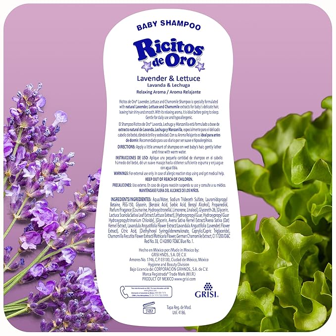 Ricitos de Oro Lavender Baby Shampoo | Nourishes & Softens Baby Hair, Gentle Lavender Scent, Tear Free Formula, Promotes Better Sleep, Includes Rattle Cup, Natural Ingredients, Size 8.45 oz, 3-Pack