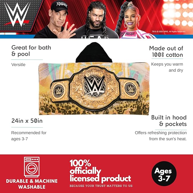 WWE Wrestling Kids Super Soft Bath/Pool/Beach Soft Cotton Terry Hooded Towel Wrap, 24 in x 50 in, (100% Officially Licensed Product) by Franco