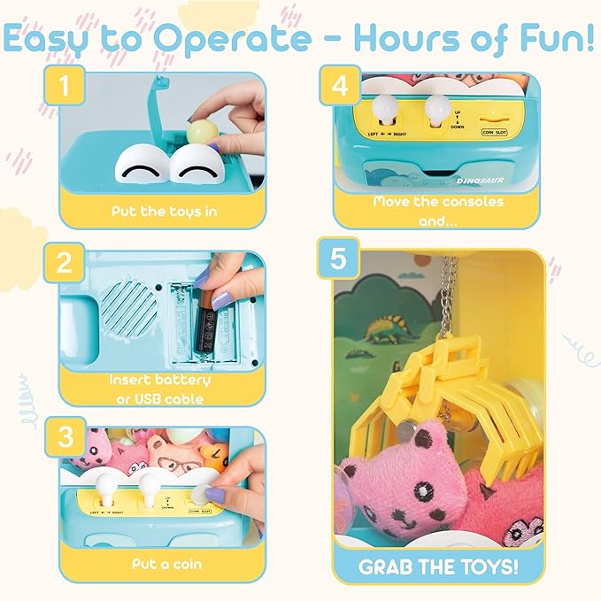 Claw Machine for Kids - Mini Arcade Game - Vending Machine - Candy Grabber Toys - Silent Mode, Lights, USB - Plush Toys & Easter Eggs, Surprise Stickers - Fun Gift for Kids, Boys & Girls (Dinosaur)