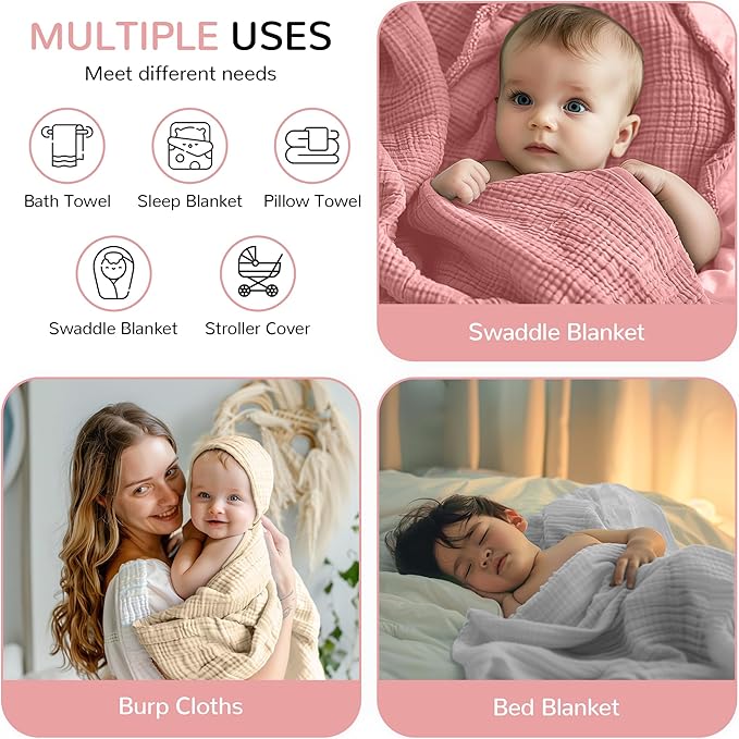 Muslin Bath Towel Baby 3 Pack, Hooded Baby Towels for Girl Boy, Muslin Cotton Baby Bath Towel with Hood for Babies, Infant, Toddler and Kids Newborn Essential (35 X 35 Inch) (Rose + Grey + Apricot)