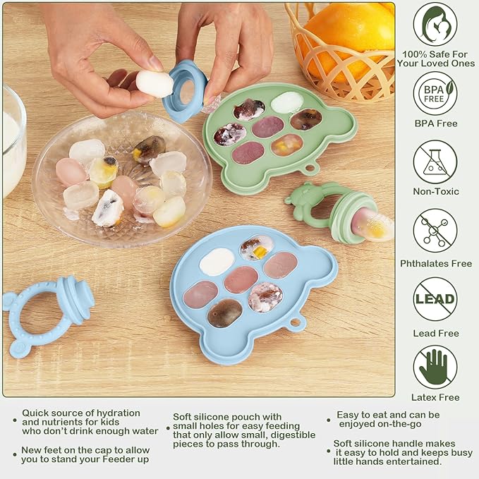 WAJIAYON Baby Breastmilk Popsicle Molds & Fruit Feeder (2 Pack), Baby Food Freezer Tray Storage Containers, Silicone Teething Pacifier Feeder and Teether for Babies - Sky Blue