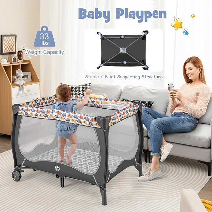 BABY JOY 4 in 1 Pack and Play, Portable Baby Playard with Bassinet, Adjustable Canopy, Changing Table, Lockable Wheels, Music Box, Travel Baby Crib Bassinet from Newborn to Toddler