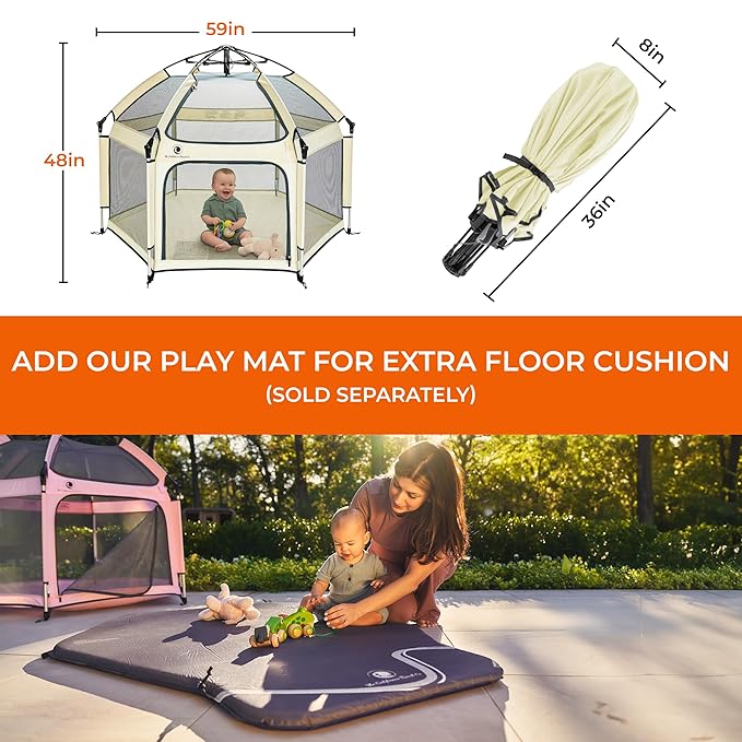 POP 'N GO PLAYPEN - Indoor & Outdoor Baby Playpen for Babies and Toddlers - Baby Beach Tent, Foldable, Portable W/Canopy, Travel Bag, & Mosquito Net - Pop Up Pack and Play Tent (Warm Ivory)