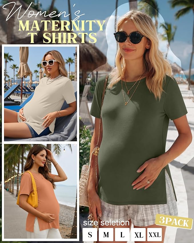 Ficerd 3 Pack Women's Maternity T Shirts, Short Sleeve Side Split Pregnancy Tops Casual Crew Neck Pregnant Tees Mama Clothes