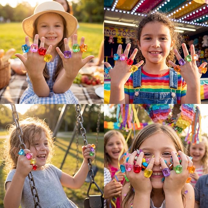 100Pcs Gem Rings Toys for Kids, Bulk Toys Diamond Ring Party Favors for Toddlers, Colorful Princess Ring Dress Up Accessories for Carnival Prizes,Goodie Bag Stuffers,Pinata Fillers,Birthday