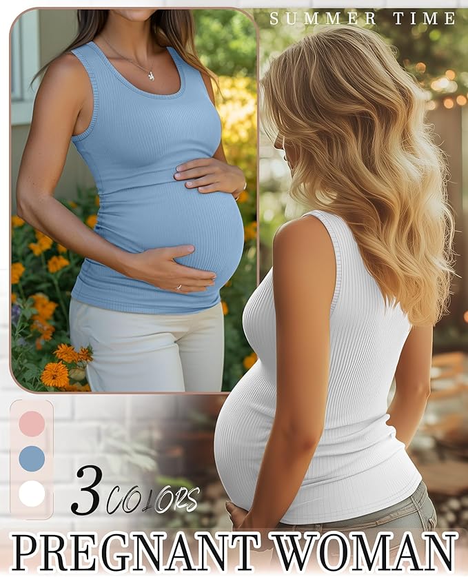 Riyiper 3 Pack Women's Maternity Tank Tops, Sleeveless Cotton Pregnancy Shirts Ribbed Knit Sides Ruched Basic Mama Clothes