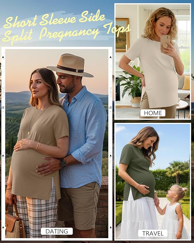 Ficerd 3 Pack Women's Maternity T Shirts, Short Sleeve Side Split Pregnancy Tops Casual Crew Neck Pregnant Tees Mama Clothes
