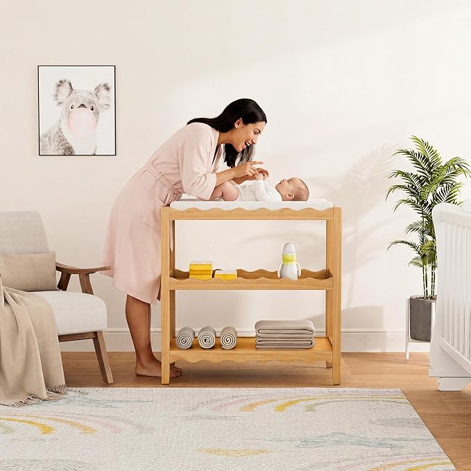 Baby Changing Table, Portable Changing Table, Compact and Lightweight, Solid New Zealand Pinewood, Two Storage Wave-Shaped Shelves, Nursery Organizer, Natural Wood