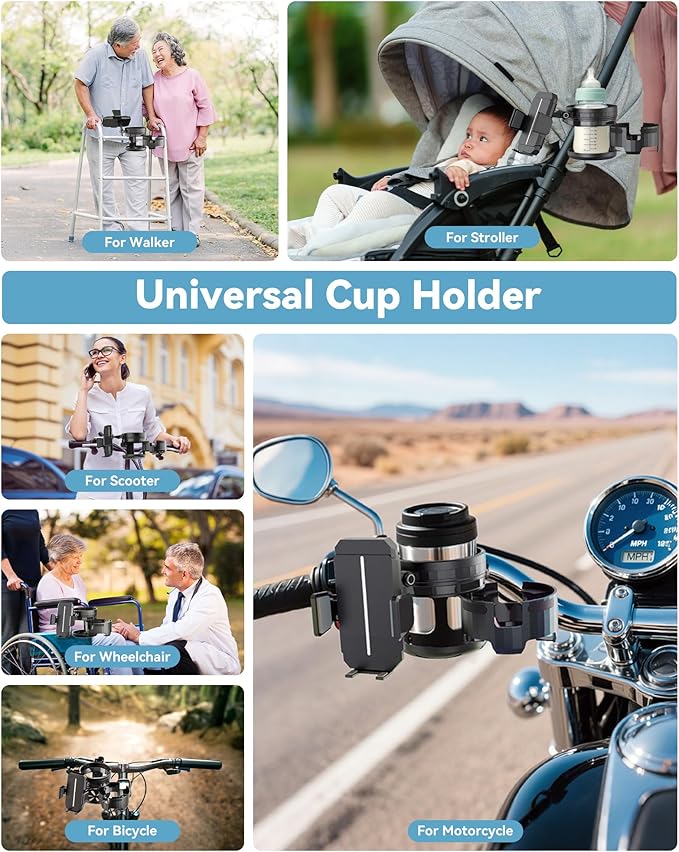 3-in-1 Universal Wheelchair Cup Holder for Walker, 360° Rotating Phone Holder with 2 Drink Holder for Bike, Rollator, Stroller, Scooter, Seniors, Bicycle, Safe and Stable, Black