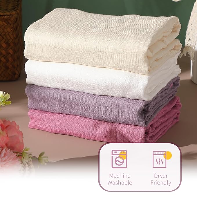 Preboun 4 Pcs Muslin Hooded Baby Towels,32"x 32" Cotton Newborn Bath Towel Muslin Infant Baby Blankets Absorbent Unisex Newborn Registry Gift for Girls Boys(Purple Series)