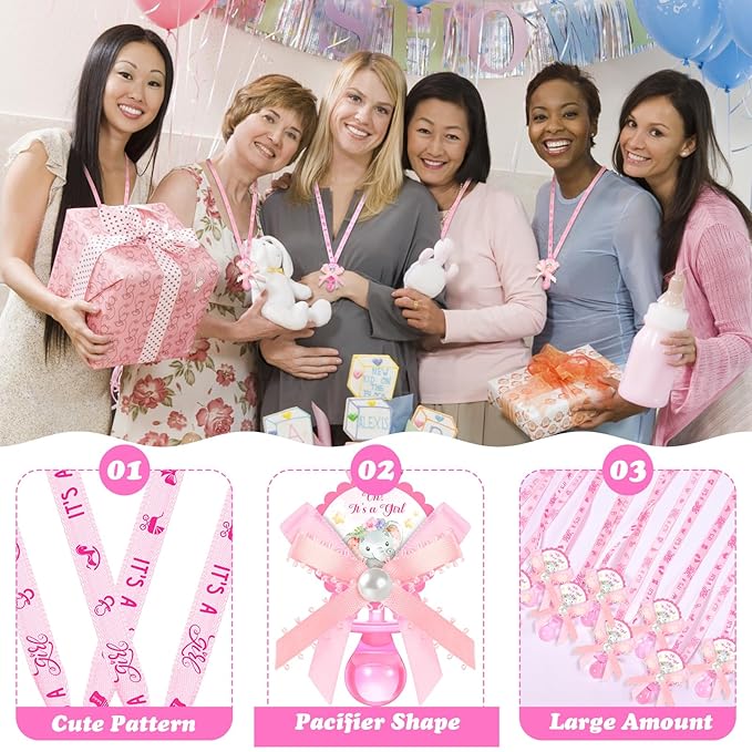Remuuly 36 Pcs Baby Shower Pacifiers Necklace Bulk Acrylic Pacifiers Charm for Gender Reveal Party Favors Table Scatter Decorations(Girl,Pink)