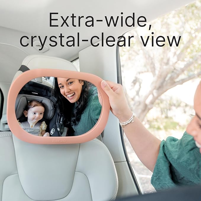 Renzo Baby Car Mirror - Rear Facing Car Seat Mirror for Infants - Extra Large, Shatter-Resistant, 360° Adjustable, Tool-Free Installation - Fits Most Cars, SUVs & Trucks (Midnight Black)