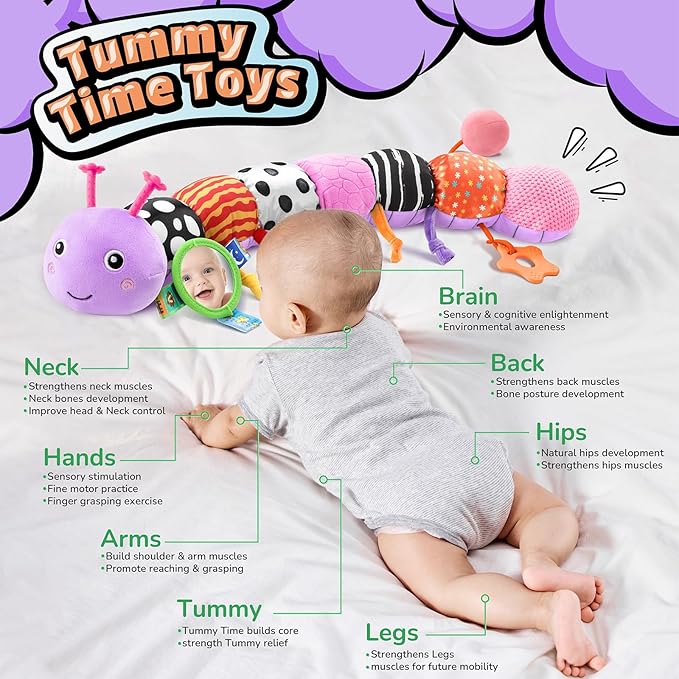 LIGHTDESIRE Baby Toys Musical Caterpillar,Infant Toys 3 6 12 Months Sensory Toy with Ruler Design,Mirror,Pull String,Crinkle&Ring Bell,Baby Teething Toy for Tummy Time Boy Girl Gifts (Lavender Purple)