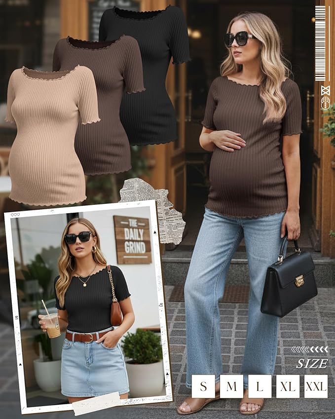 3 Pack Women's Maternity Ribbed Shirts Cotton Short Sleeve Pregnancy Tops Boat Neck Lettuce Trim Mama Clothes