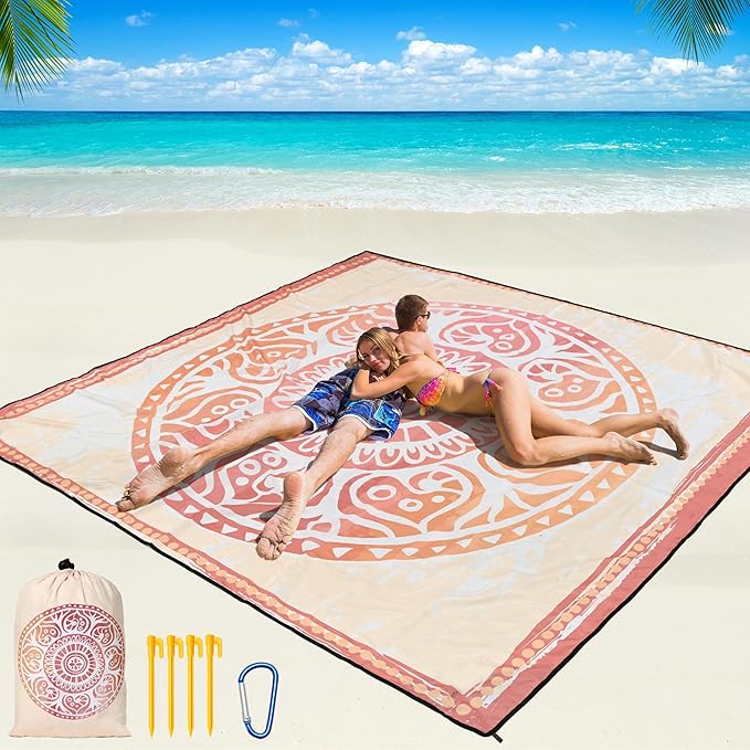 Beach Blanket Waterproof Sandproof Beach Mat 79" X 83"/10'x9'for 2-8 Adults Quick Drying Outdoor Picnic Mat Beach Accessories for Travel, Camping, Hiking