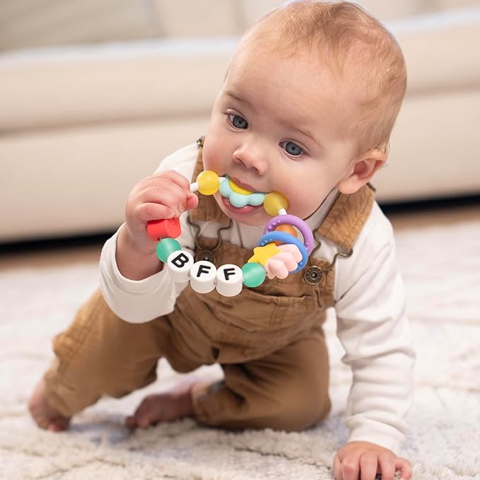 Infantino BFF Friendship Baby Teether – Soft Silicone Baby Teething Toy with Textures, Bright Colors, and Easy-Grip Design