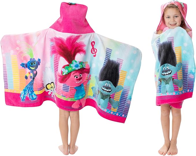 Trolls World Tour Bath/Pool/Beach Soft Cotton Terry Hooded Towel Wrap, 24" x 50", By Franco Kids