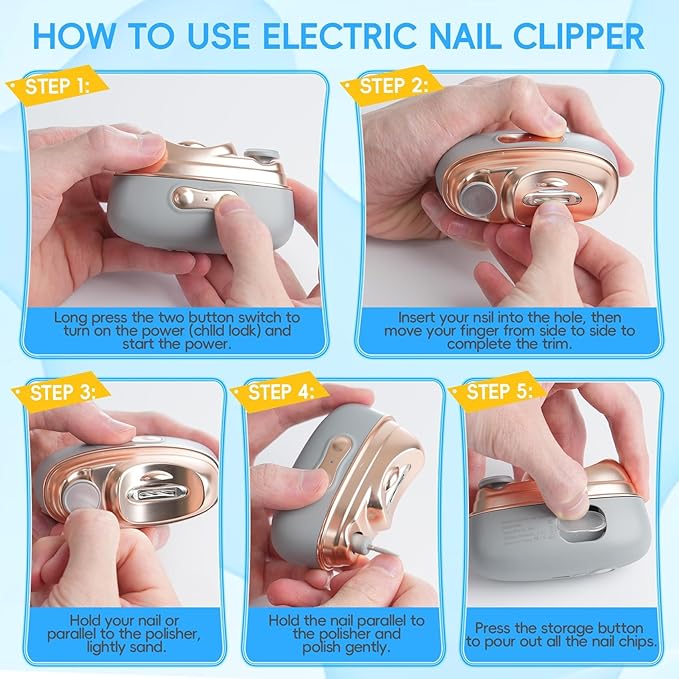 Electric Nail Trimmer: 3-in-1 Clipper, File & Polisher with Quiet 25dB Motor, LED Light & Automatic Catcher - 2-Speed USB Rechargeable Nail Clipper for Babies, Seniors, Adults