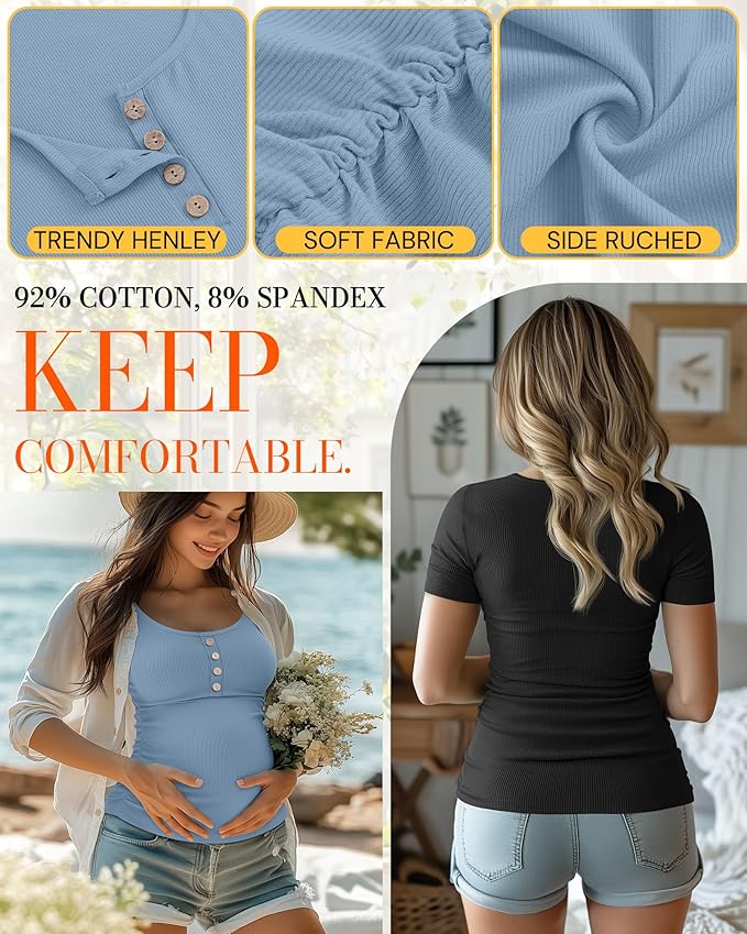 4 Pack Womens Maternity Shirts Scoop Neck Cotton Short Sleeve Ribbed Pregnancy Top Henley Side Ruched Mama Clothes
