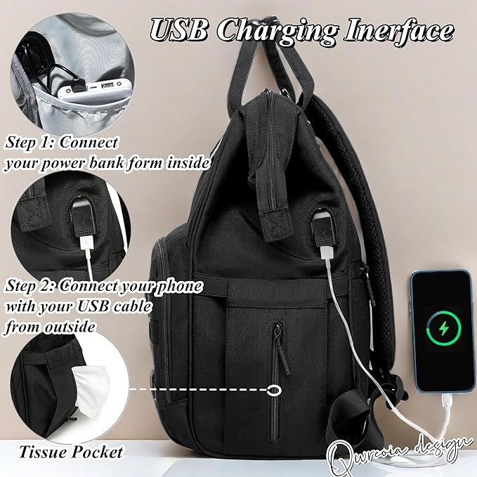 Diaper Bag Backpack for Dad and Mom with USB Charging Port Stroller Straps and Insulated Pocket,army military Travel Nappy Backpack for Daddy/Mommy (Black)