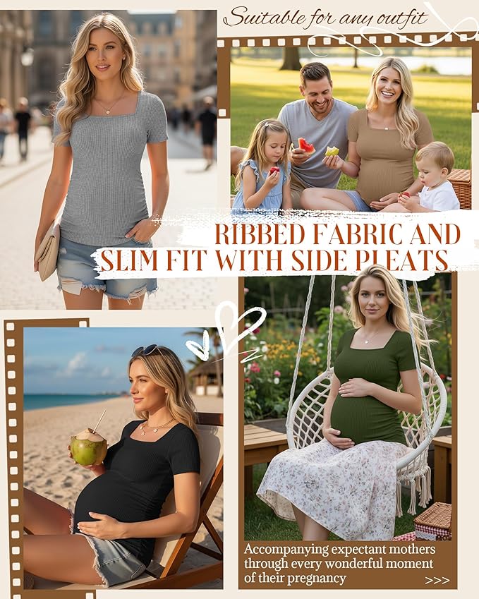 Huukeay 4 Pack Women's Maternity Shirts Cotton Ribbed Short Sleeve Square Neck Pregnancy Tops Side Ruched Summer Tee