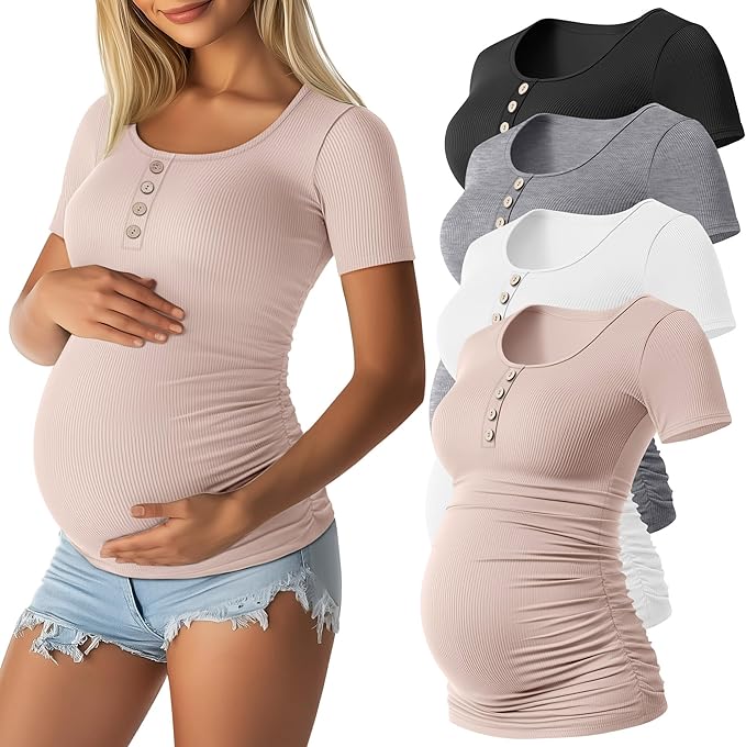 4 Pack Womens Maternity Shirts Scoop Neck Cotton Short Sleeve Ribbed Pregnancy Top Henley Side Ruched Mama Clothes