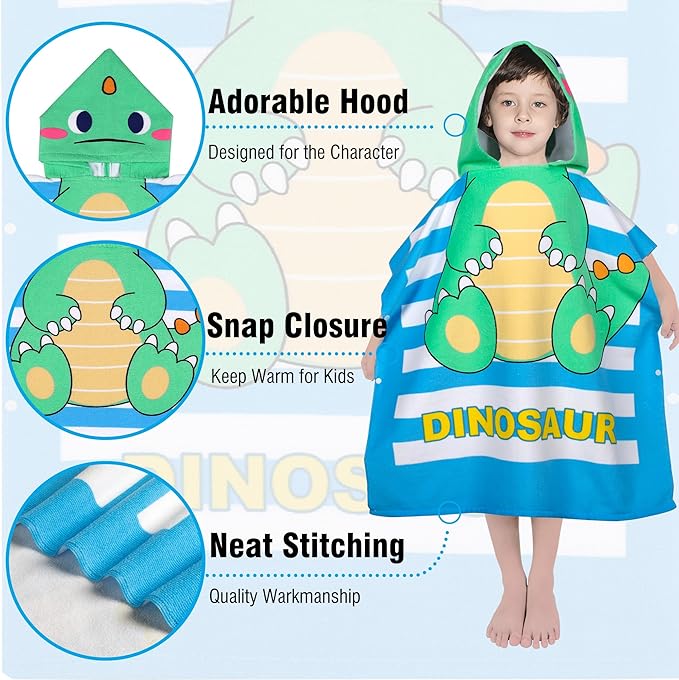 Hooded Kids Beach Towels - Toddler Bath Towel Girls Boys Swim Cover-ups for Ages 4 to 10 Kids Pool Towels Quick Dry Lightweight Soft Microfiber Poncho 30x30 with Bag (Dinosaur Green)
