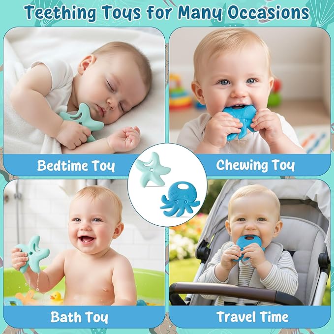 2Pcs Summer Silicone Teething Toy for Babies Ocean Animal Themed Sore Gums Pain Teething Relief Chew Toy Summer Ocean BPA Free Soft Teether for Infant Toddler Newborn 6-12 Months Birthday Baby Shower