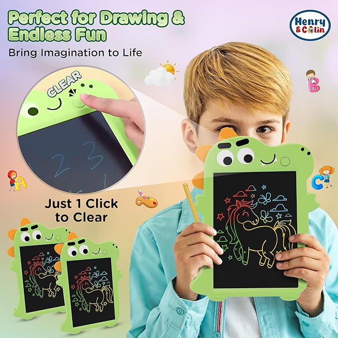 Henry & Colin Dinosaur-Themed LCD Writing Tablet for Kids – Reusable, Travel-Friendly Drawing Pad for Boys & Girls Ages 3 & Up. Perfect for Creativity, Fun, Learning, and Education (Green)