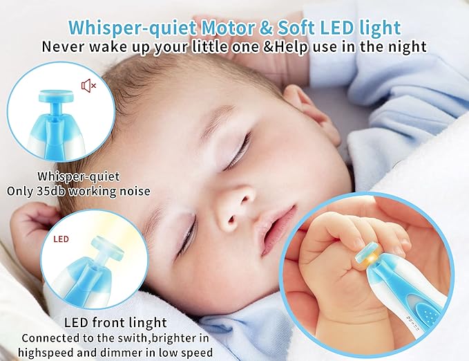 Electric Baby Nail Trimmer, Safe Gentle Nail File Grinder Kit with LED Light, Whisper Quiet, 6-in-1 Nail Care Set for Newborns Toddlers Kids & Adults, Adjustable Speed & Rotation, Portable Trave, Blue
