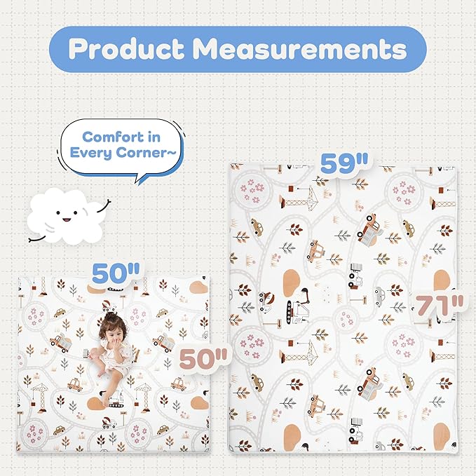 1.3" Thick Educational Baby Floor Play Mat 59x 71, Basic Padded Memory Foam Mat, Non-Slip Plush Playmat for Nursery Playroom Classroom (Car)