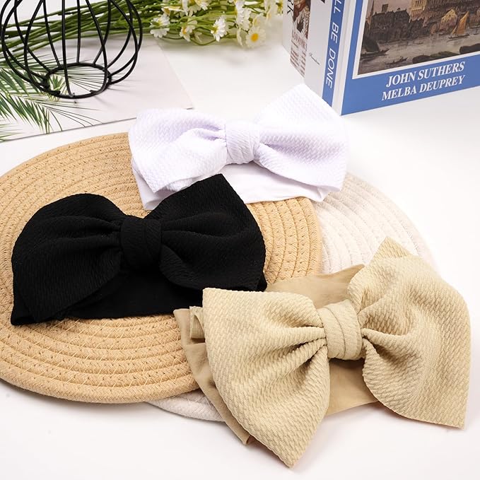 Baby Bow Headbands 3 Pcs Baby Girl Headbands with Bows Soft Nylon Kahki/White/Black Headband Bows for Baby Girls, Newborns, Infants