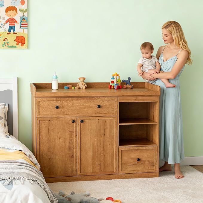 Wide Baby Changing Table Dresser with 2 Doors, 2 Different Size Drawer&Storage Cubbies, Durable Wood Construction, Built-in Shelves of Ample Storage for Nursery (Natural Wood)