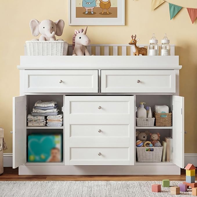 46“ Baby Dresser with Changing Table Top, White Dresser with Storage Drawers and Doors for Nursery, Multifunctional Nursery Baby Changing Table Dressers, Diaper Station Cabinet for Kids Room