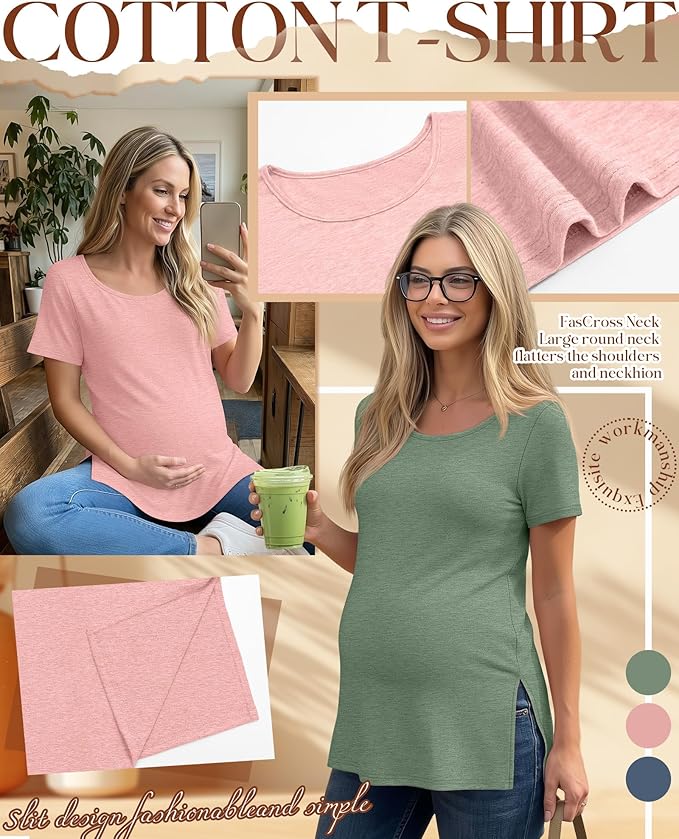 3 Pack Women's Maternity Shirts Short Sleeve Round Neck Side Split Pregnancy Tops Loose Summer Casual Mama Clothes