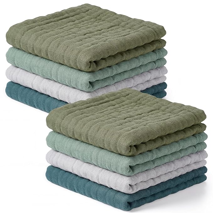 8 Pcs Baby Washcloths for Newborn 12 x 12 Inch Muslin Face Towels Cotton Absorbent for Delicate Skin Soft Muslin Cloth Reusable Baby Registry as Shower Gift, 4 Colors(Green Color)