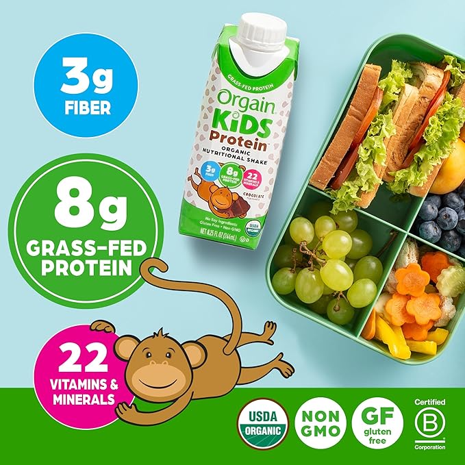 Orgain Organic Kids Nutritional Protein Shake, Chocolate, Healthy Kids Snacks, 8g Dairy Protein, 3g Fiber, 22 Vitamins & Minerals, No Soy Ingredients, Gluten Free, Non-GMO, 8.25 Fl Oz (Pack of 12)