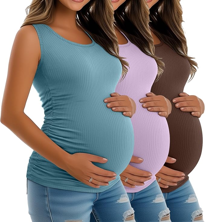 Riyiper 3 Pack Women's Maternity Tank Tops, Sleeveless Cotton Pregnancy Shirts Ribbed Knit Sides Ruched Basic Mama Clothes