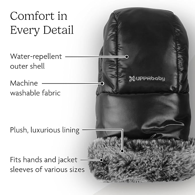 UPPAbaby CozyHandmuffs Luxe – Easily Attaches to Stroller Handlebars – Ultra-Plush, Water-Repellent Hand Protection for Cold Weather - Lyla (Onyx Nylon)