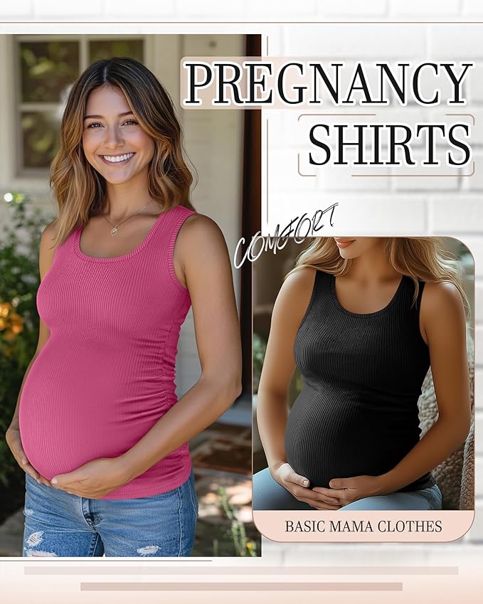 Riyiper 3 Pack Women's Maternity Tank Tops, Sleeveless Cotton Pregnancy Shirts Ribbed Knit Sides Ruched Basic Mama Clothes
