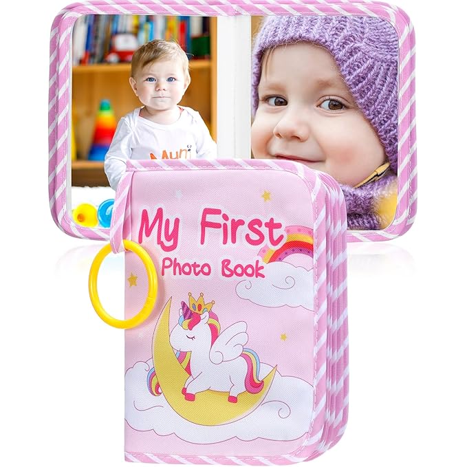 Baby Photo Album Holds 17 4x6 Pictures My First Soft Cloth Family Photo Book with Name Tag Stickers Fabric Kid Memory Keepsake Gift for Newborn Toddler Boy Girl Baby Shower(Pink Unicorn)