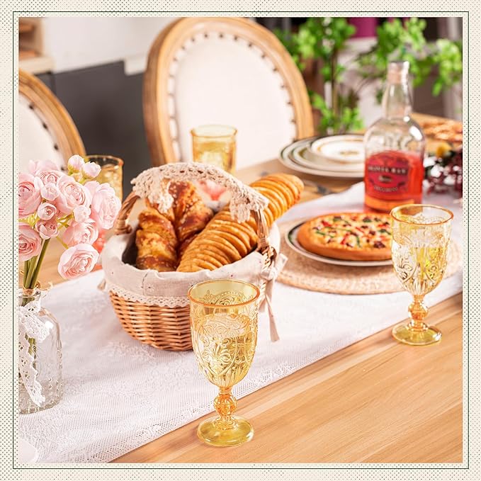 6 Pcs Plastic Goblets 7.5oz Vintage Goblet Plastic Wine Glasses Colored Retro Embossed Water Goblets for Wine Bar Juice Baby Shower Wedding Reception Grand Event Party (Amber)
